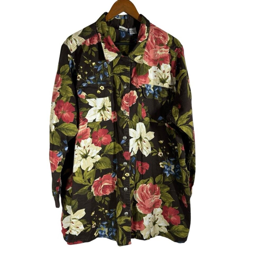 Roaman's Women’s Jacket Shirt Brown Floral Print Size‎ 2X Artsy Boho